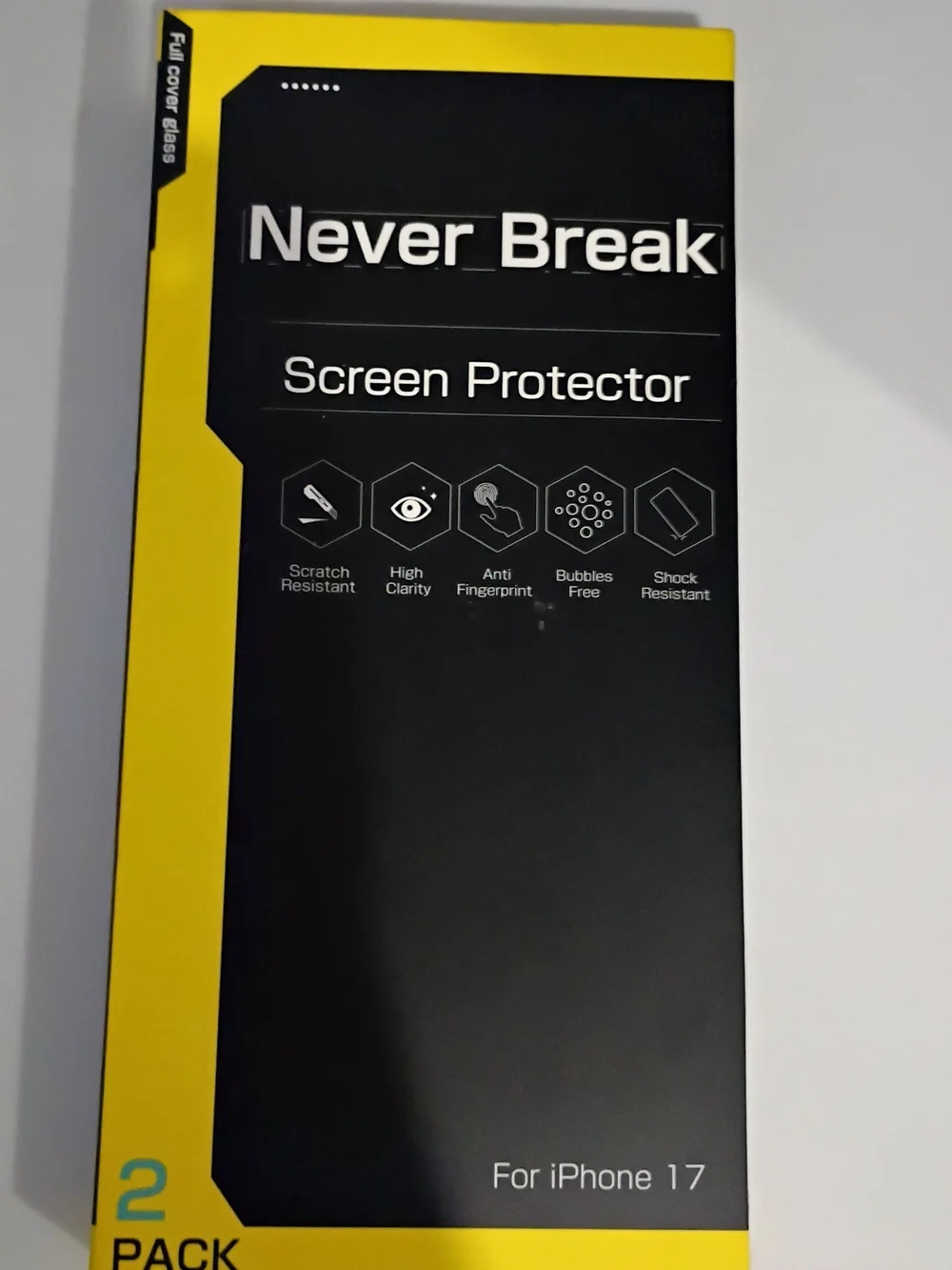 Never Breaki Screen Protector for iPhone 17 - Black & Yellow Packaging